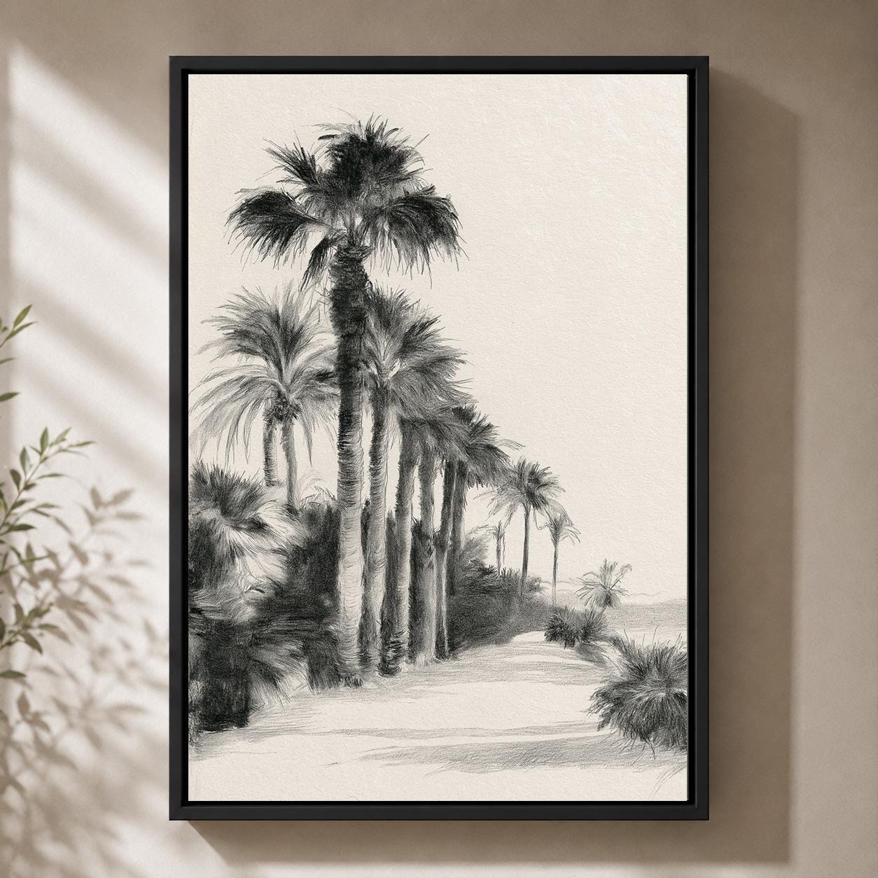 Black and White Palm Tree Tropical Beach Minimalist Seaside Framed Canvas by The Wall Art Studio - physical