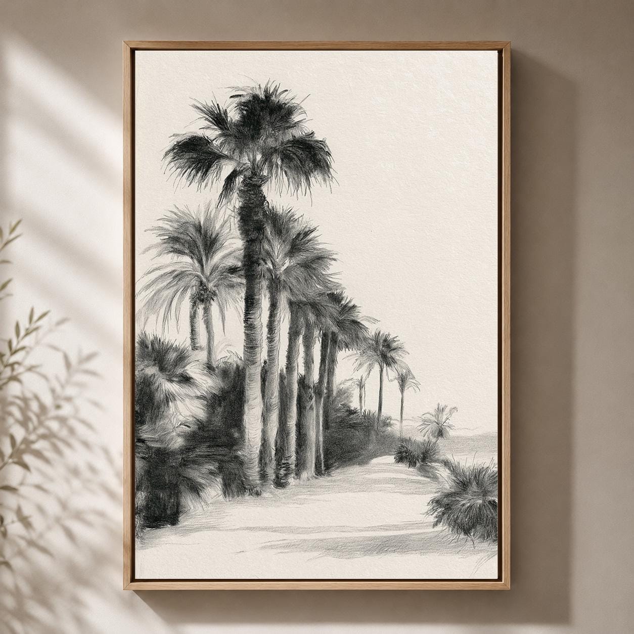 Black and White Palm Tree Tropical Beach Minimalist Seaside Framed Canvas by The Wall Art Studio - physical