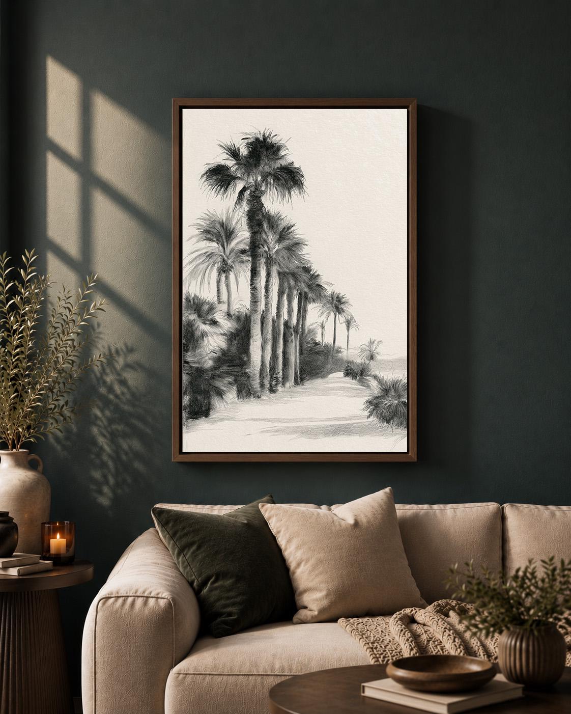 Black and White Palm Tree Tropical Beach Minimalist Seaside Framed Canvas by The Wall Art Studio - physical