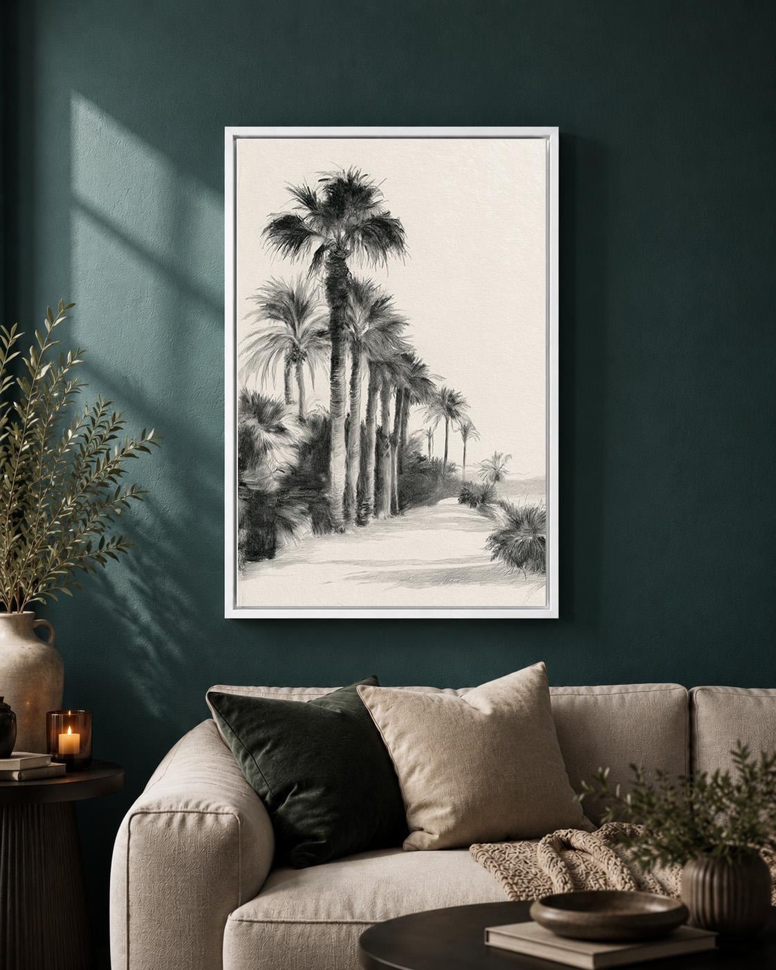 Black and White Palm Tree Tropical Beach Minimalist Seaside Framed Canvas by The Wall Art Studio - physical