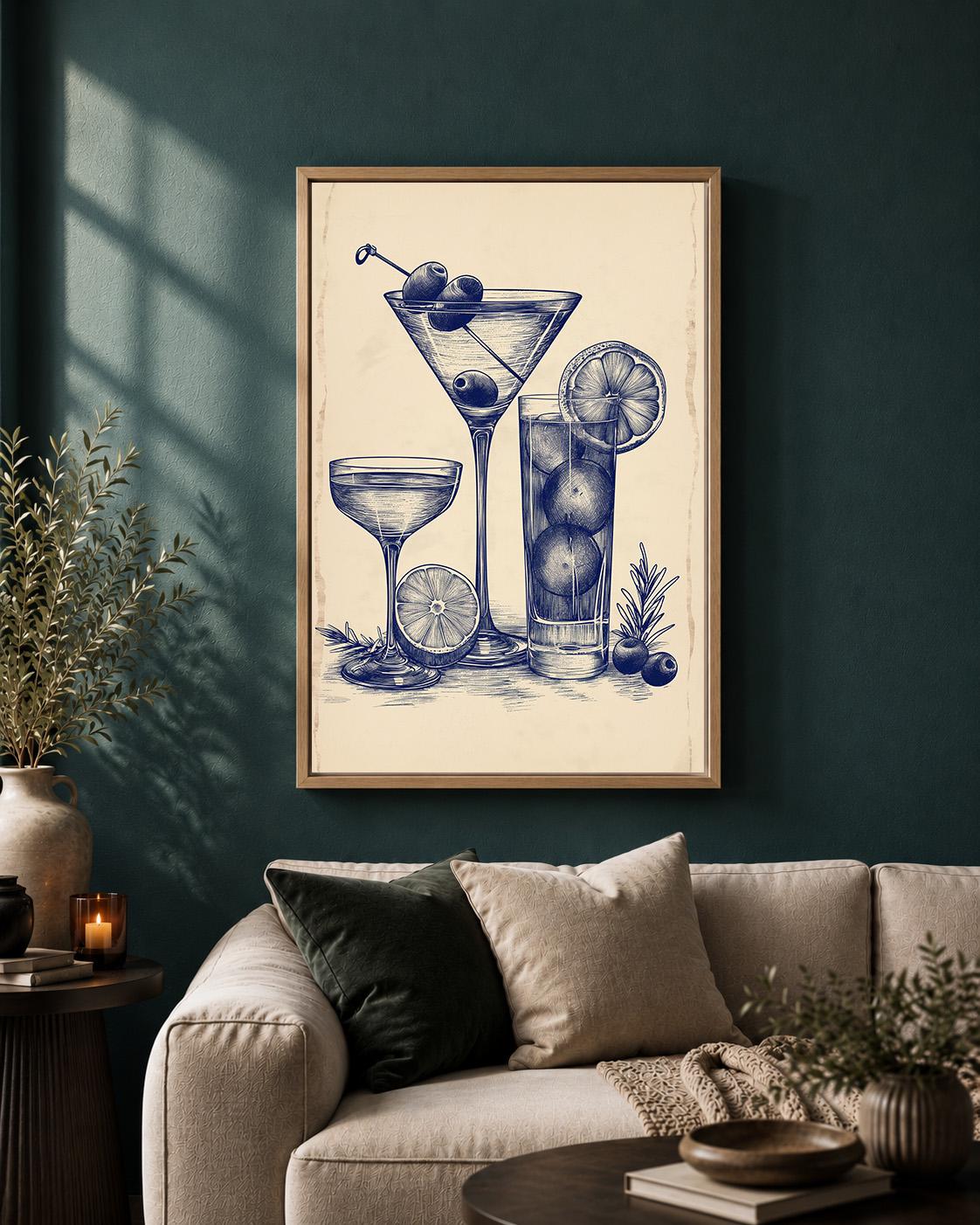 Vintage Martini Gin Cocktail Blue Ink Drinks Retro Bar Cart Framed Canvas by The Wall Art Studio - physical