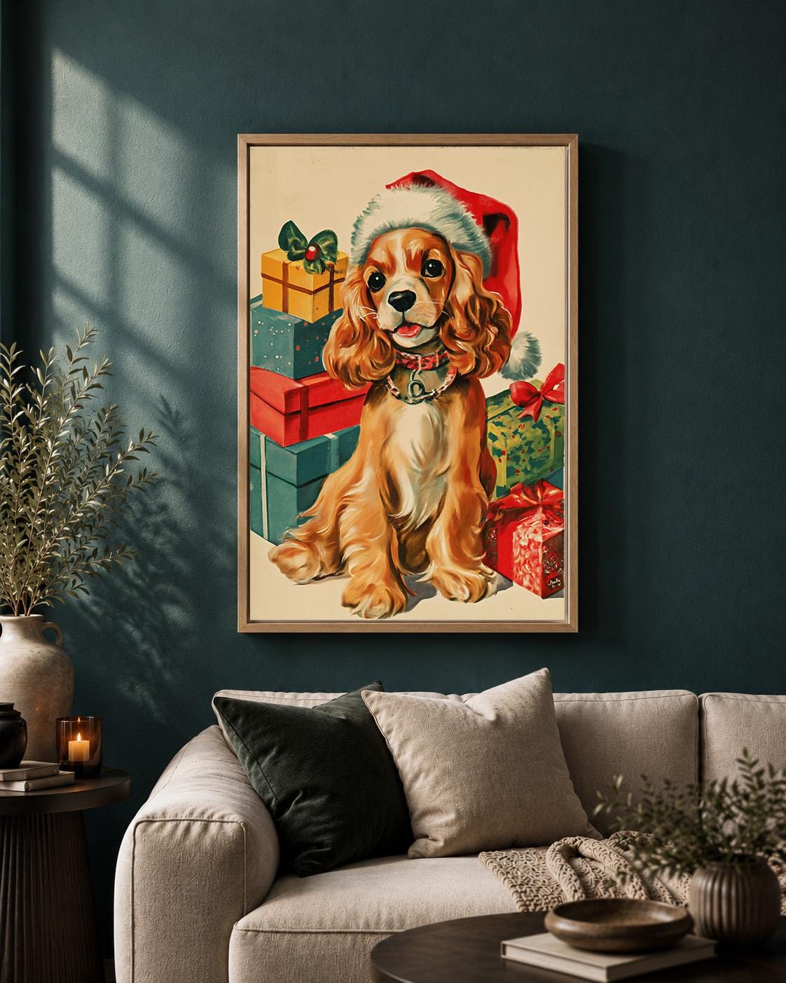 Christmas Cocker Spaniel Festive Puppy Vintage Framed Canvas by The Wall Art Studio - physical