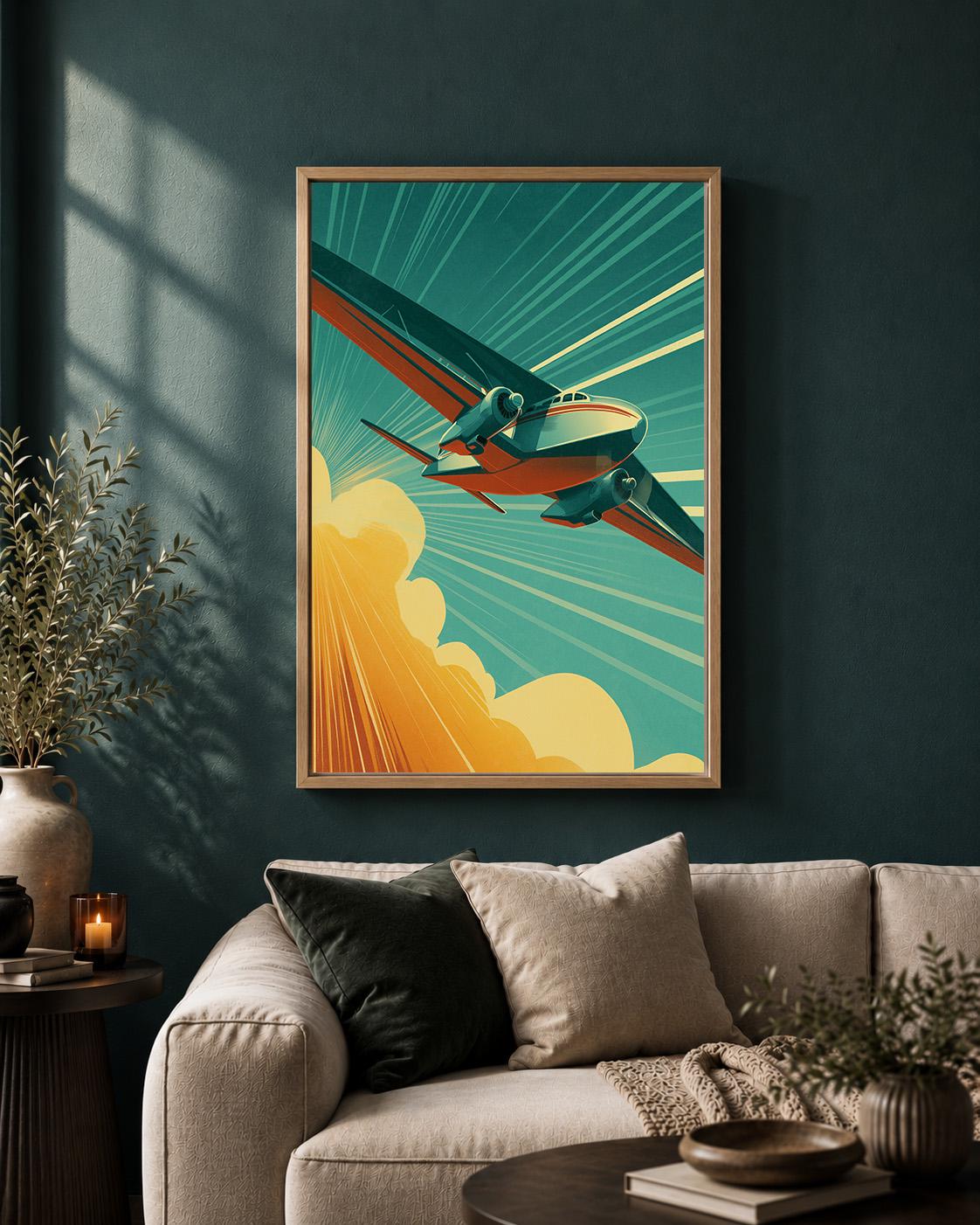 Vintage Airplane Retro Aviation Mid Century Travel Framed Canvas by The Wall Art Studio - physical