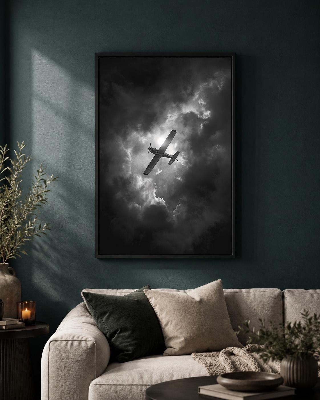Black and White Airplane Vintage Aircraft Moody Aviation Framed Canvas by The Wall Art Studio - physical