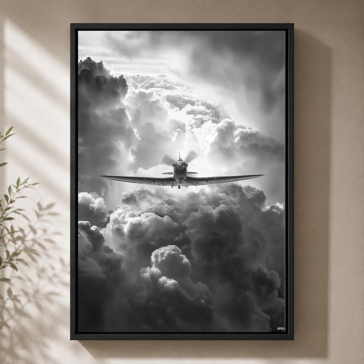 Black and White Airplane Moody Aviation Framed Canvas by The Wall Art Studio - physical