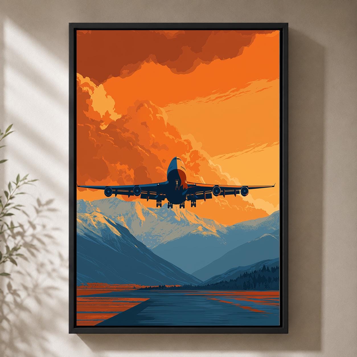 Airplane Orange Sunset Mountain Travel Retro Plane Framed Canvas by The Wall Art Studio - physical