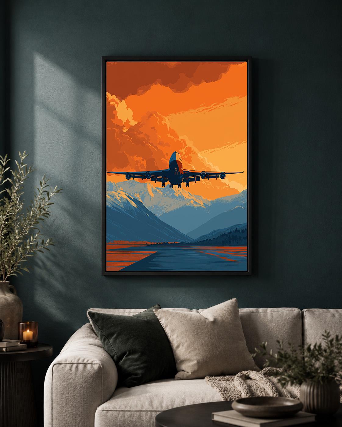 Airplane Orange Sunset Mountain Travel Retro Plane Framed Canvas by The Wall Art Studio - physical