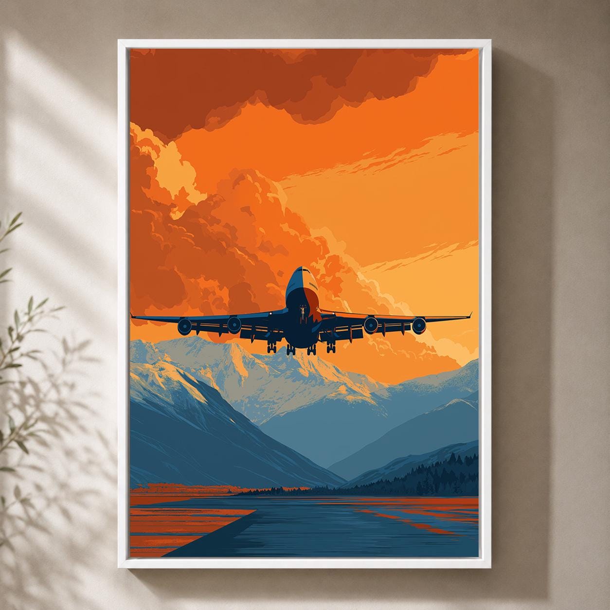Airplane Orange Sunset Mountain Travel Retro Plane Framed Canvas by The Wall Art Studio - physical