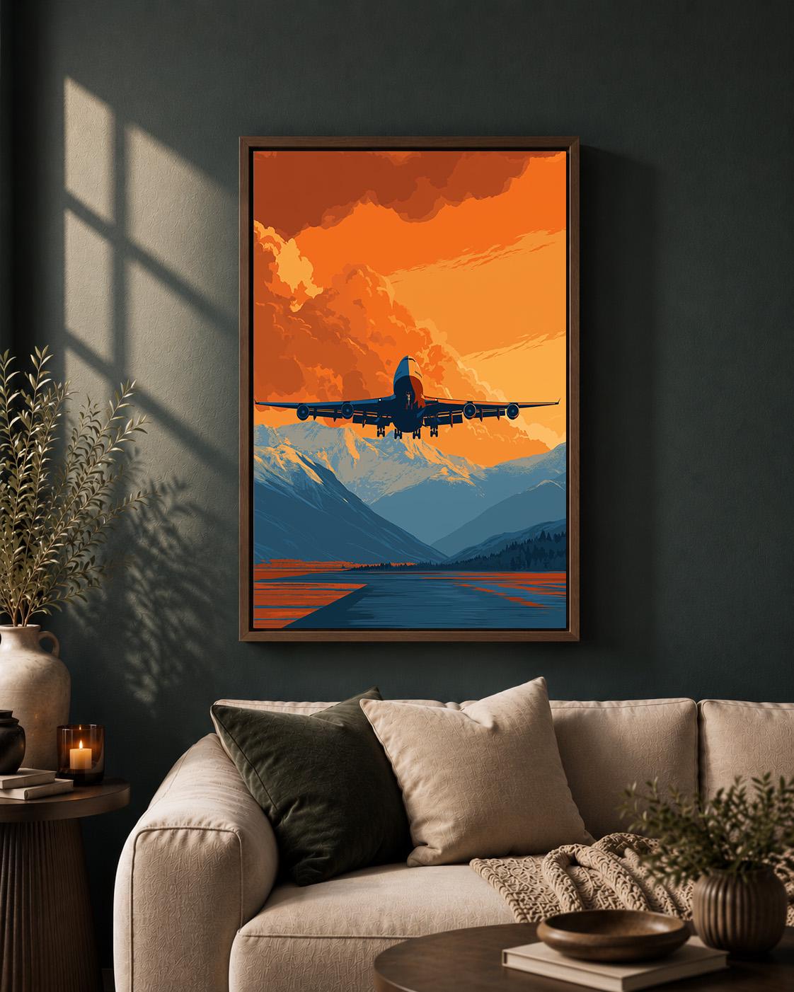 Airplane Orange Sunset Mountain Travel Retro Plane Framed Canvas by The Wall Art Studio - physical