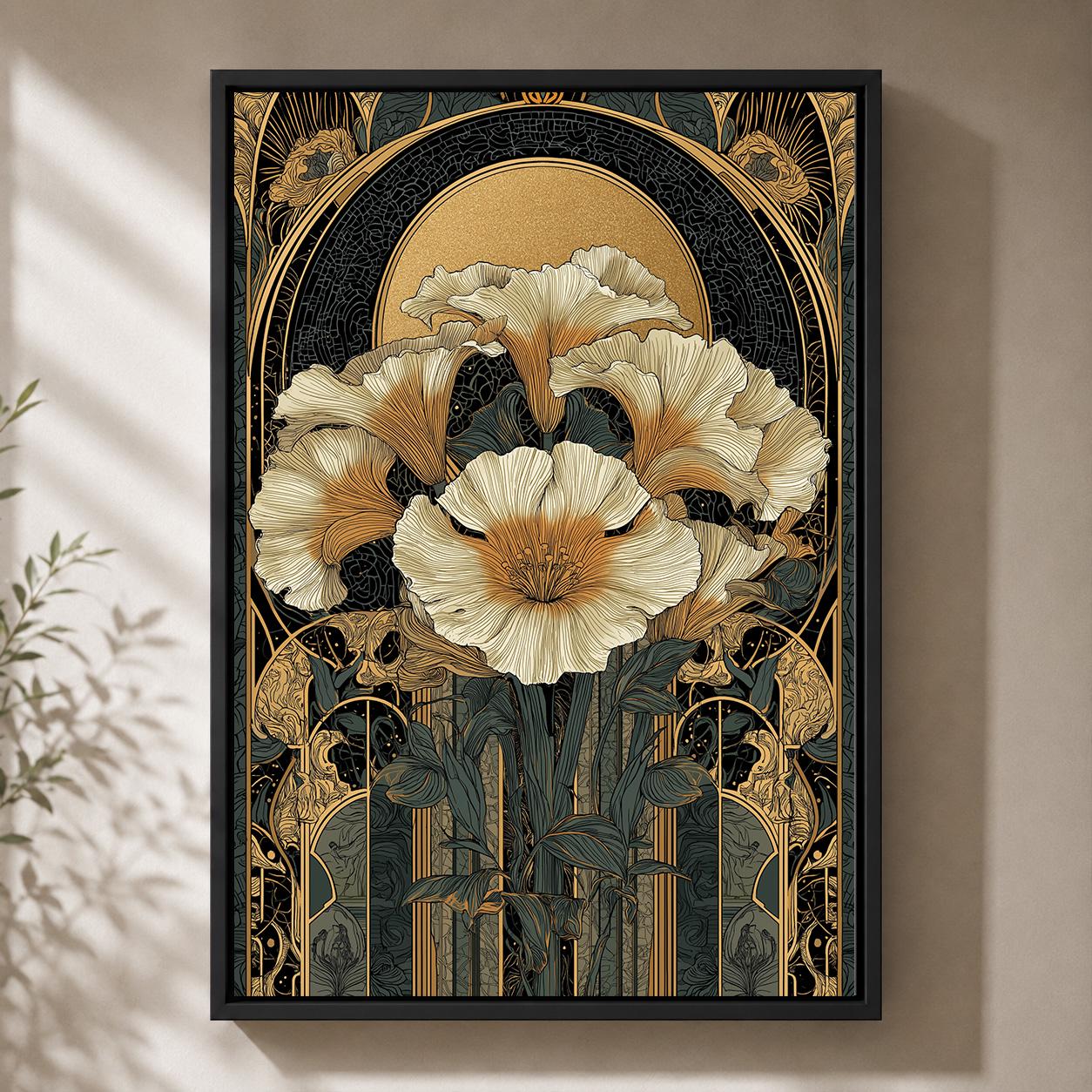 Art Nouveau Floral Black & Gold Botanical Maximalist Framed Canvas