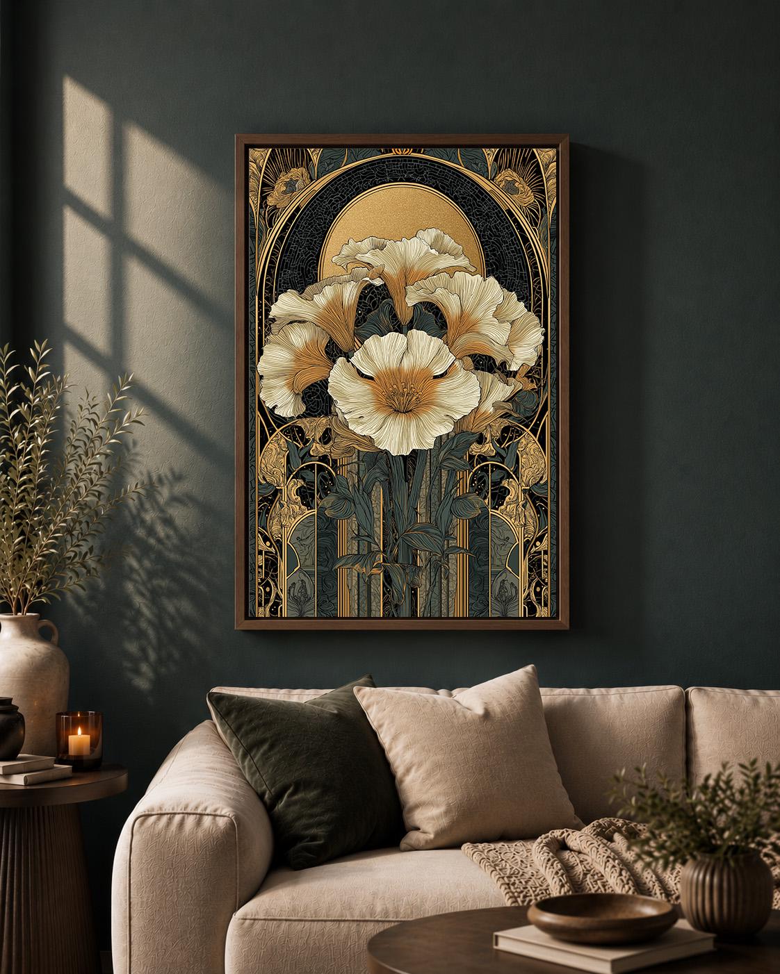 Art Nouveau Floral Black & Gold Botanical Maximalist Framed Canvas