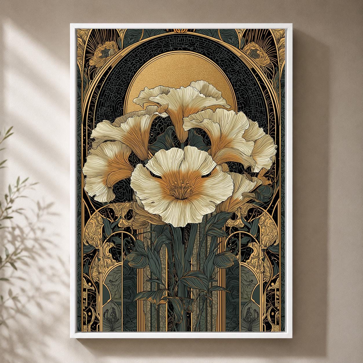 Art Nouveau Floral Black & Gold Botanical Maximalist Framed Canvas