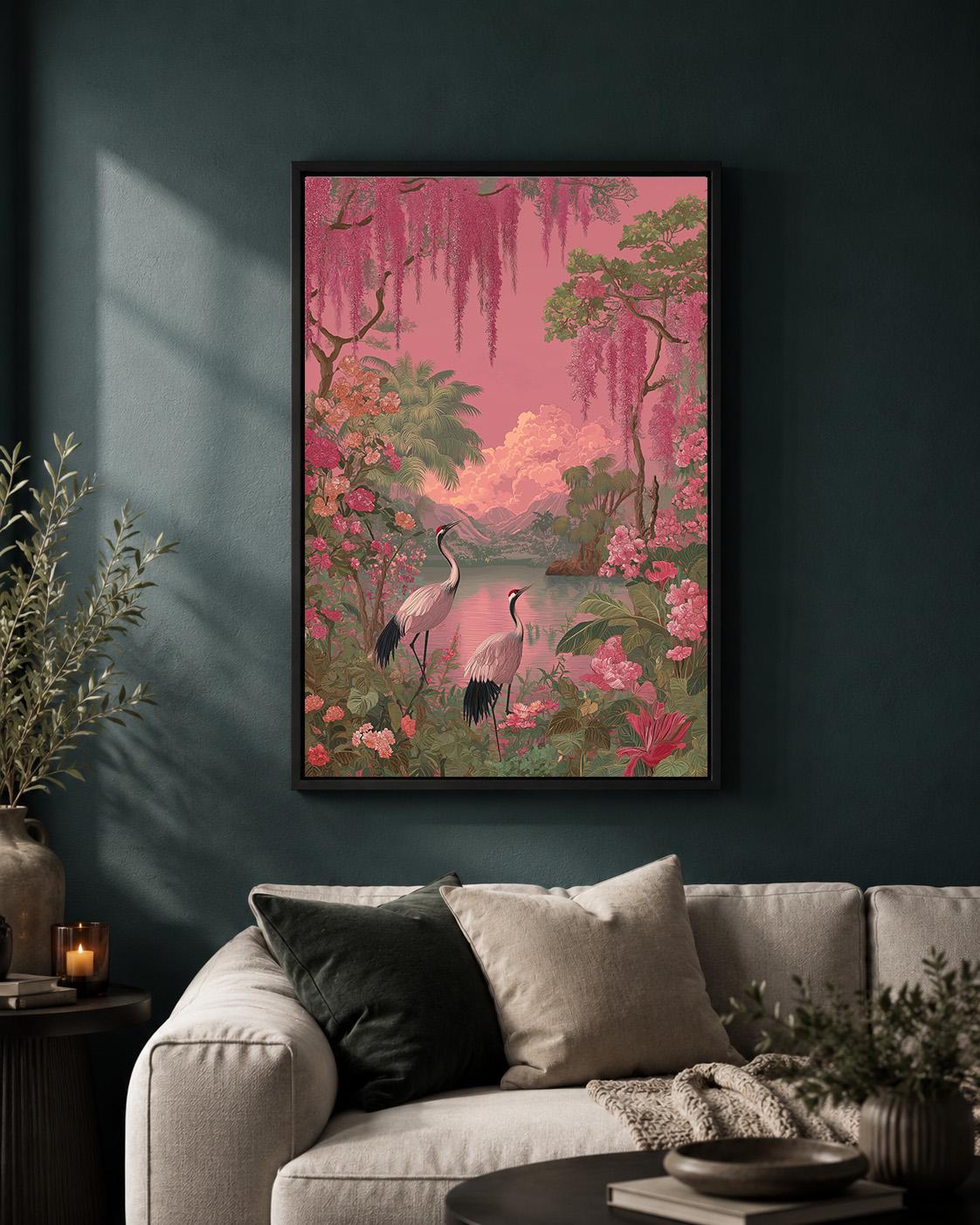 Pink Flamingo Tropical Coastal Palm Tree Vintage Paradise Landscape Framed Canvas