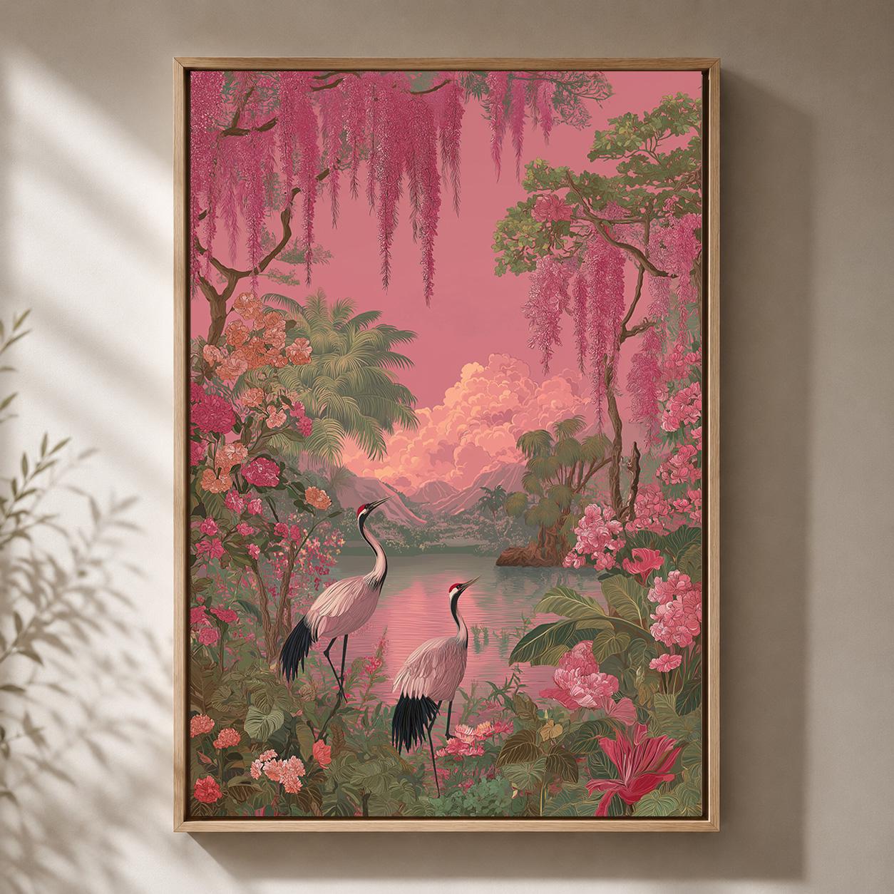 Pink Flamingo Tropical Coastal Palm Tree Vintage Paradise Landscape Framed Canvas