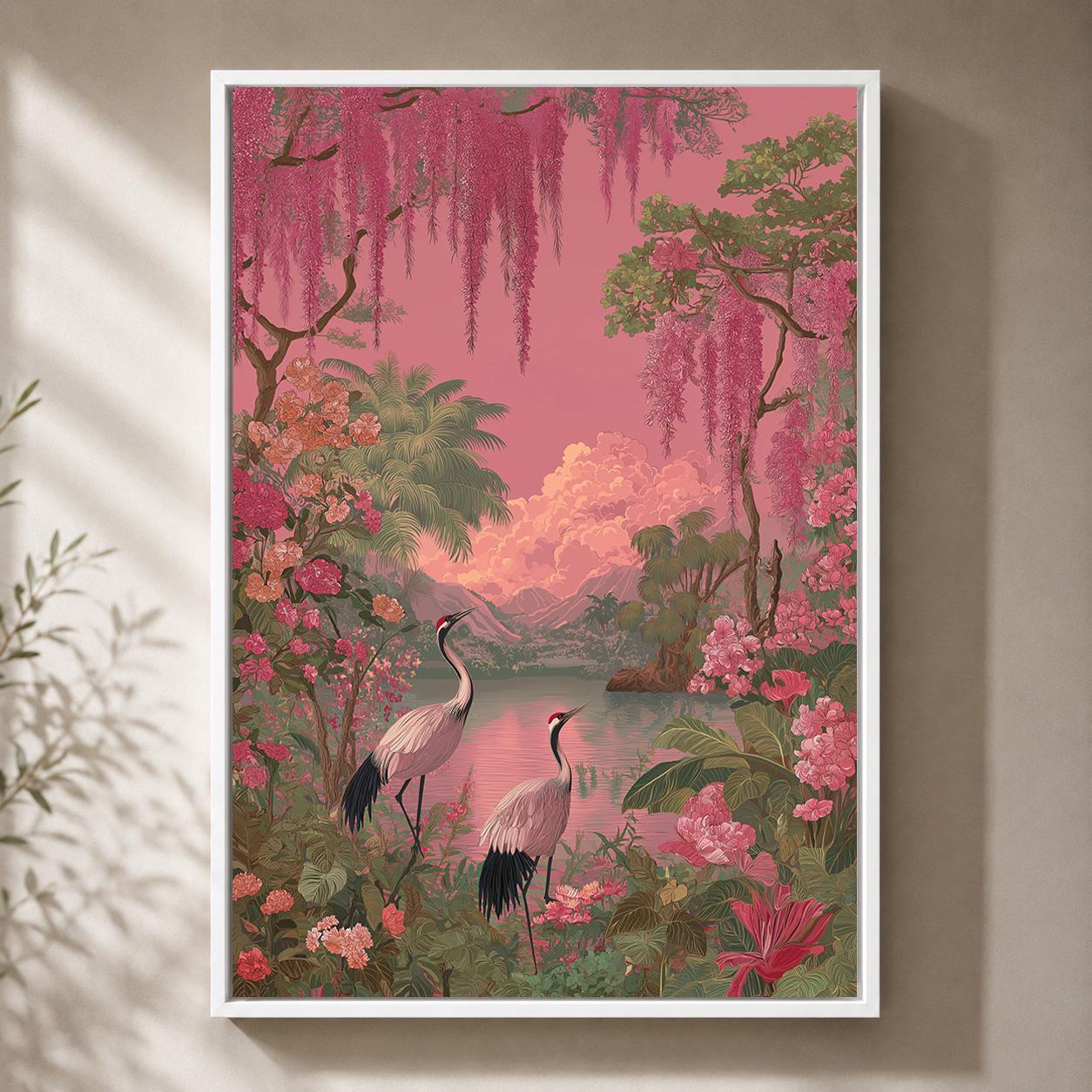 Pink Flamingo Tropical Coastal Palm Tree Vintage Paradise Landscape Framed Canvas