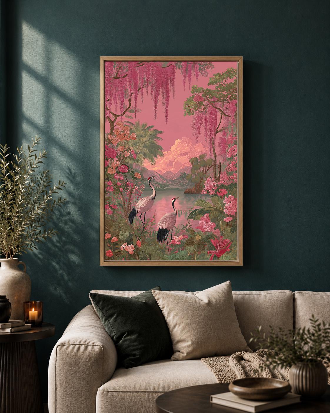 Pink Flamingo Tropical Coastal Palm Tree Vintage Paradise Landscape Framed Canvas