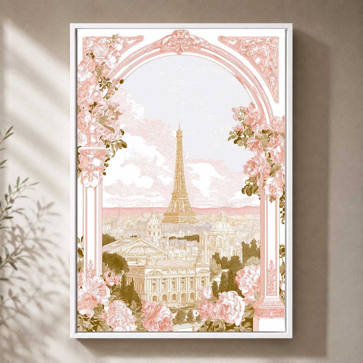 Paris Eiffel Tower Floral Romantic French Elegant Travel Framed Canvas