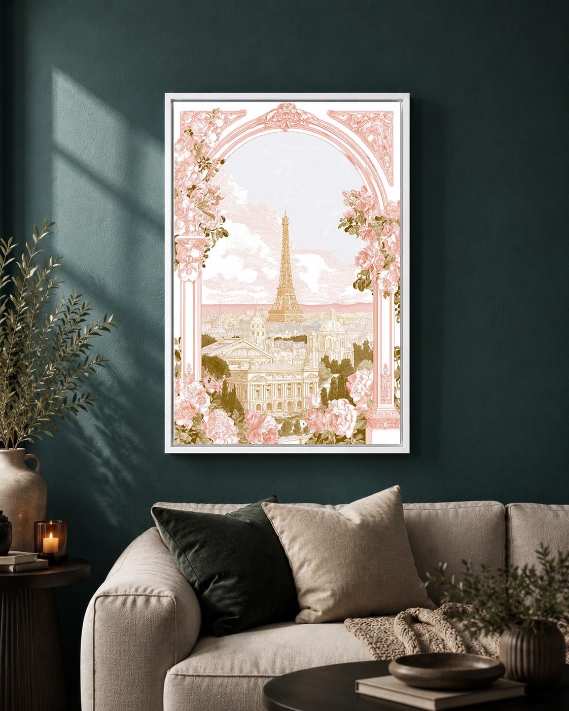 Paris Eiffel Tower Floral Romantic French Elegant Travel Framed Canvas