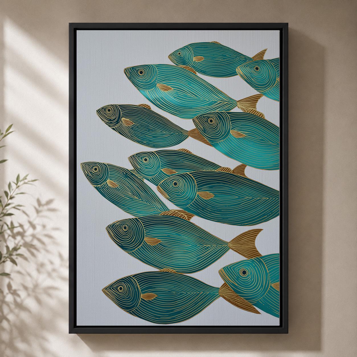 Teal  &Gold Fish Coastal Nautical Modern Ocean Framed Canvas