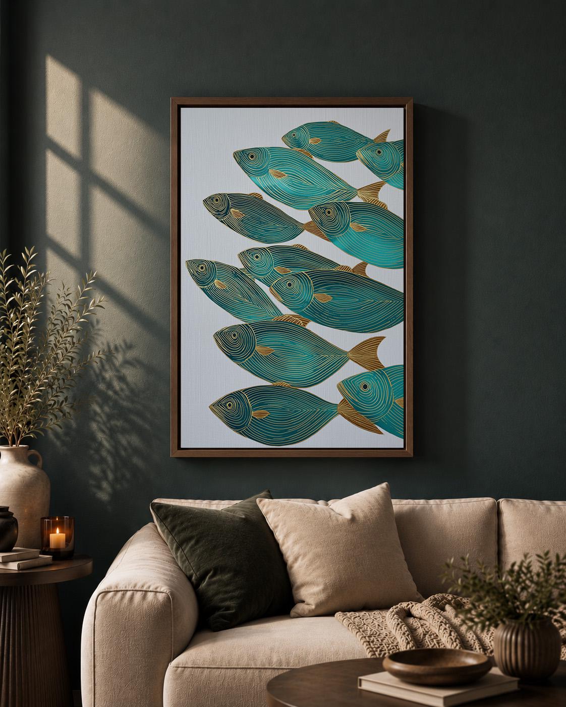 Teal  &Gold Fish Coastal Nautical Modern Ocean Framed Canvas