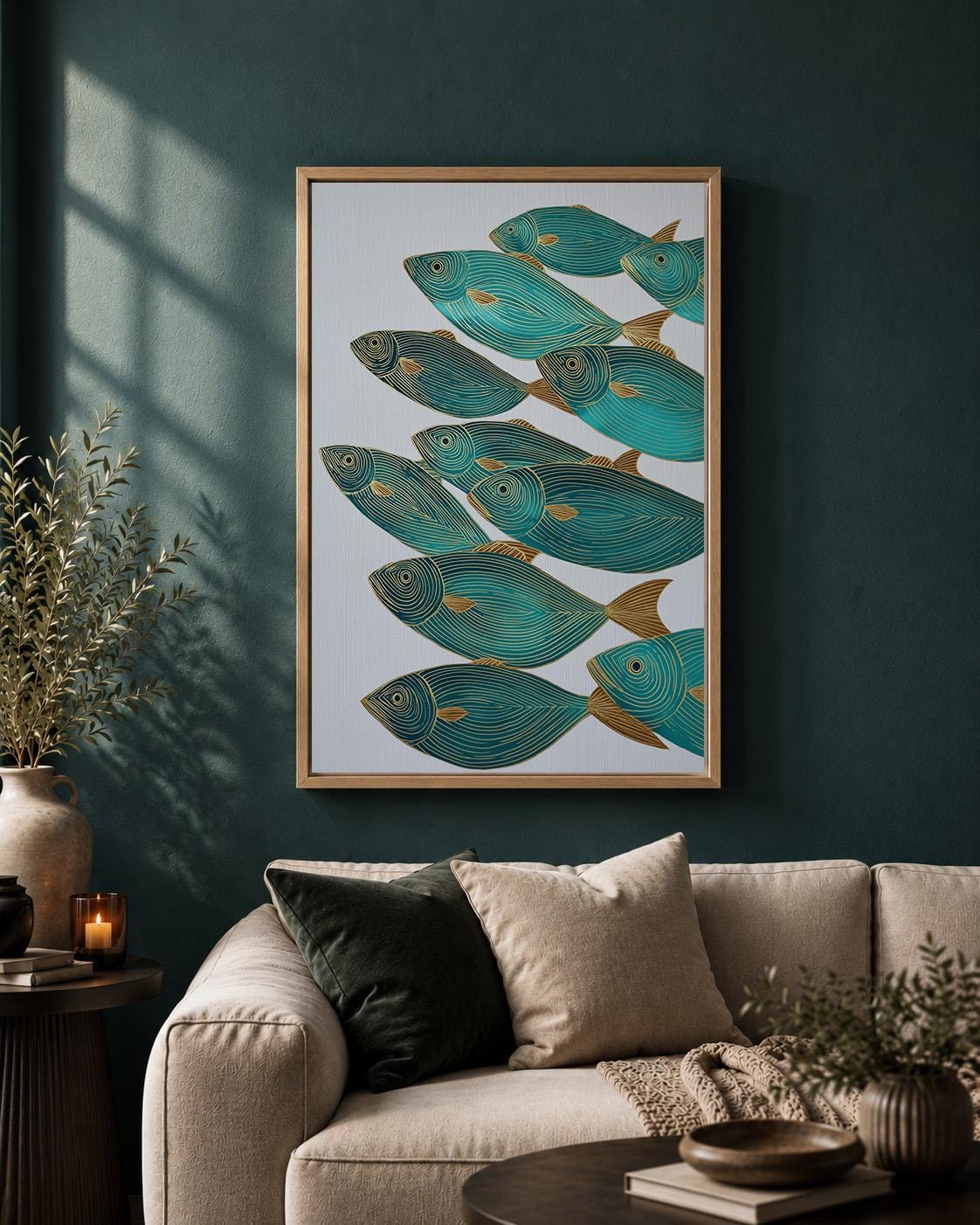 Teal  &Gold Fish Coastal Nautical Modern Ocean Framed Canvas