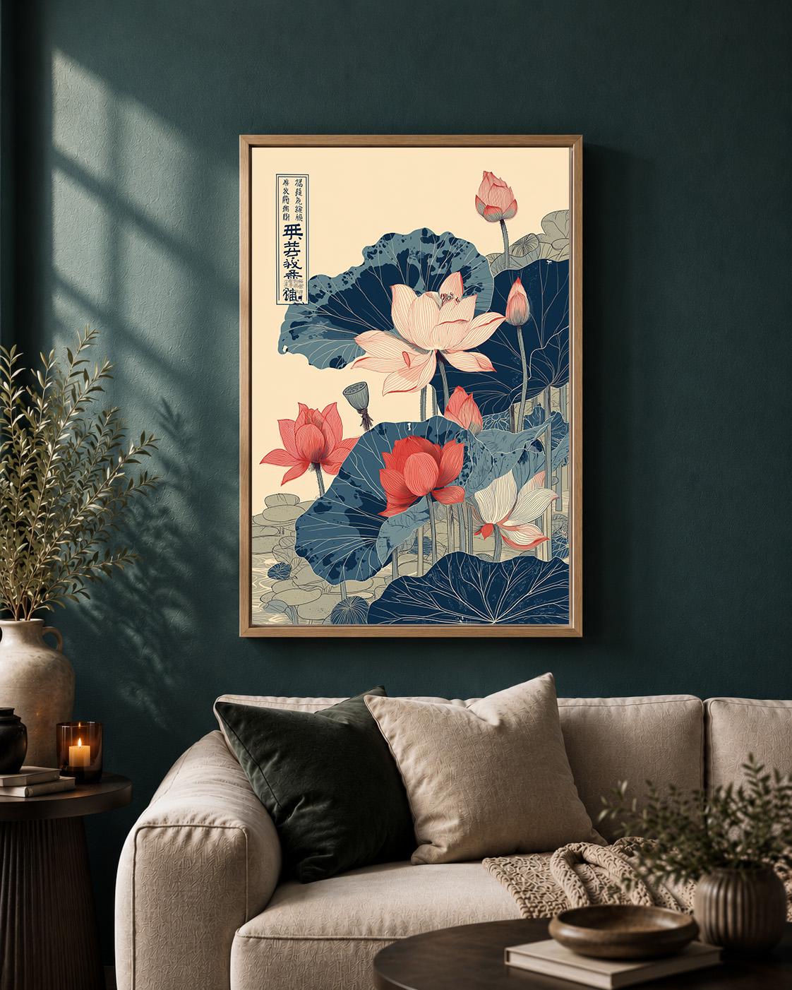Japanese Lotus Floral Red & Blue Oriental Botanical Framed Canvas