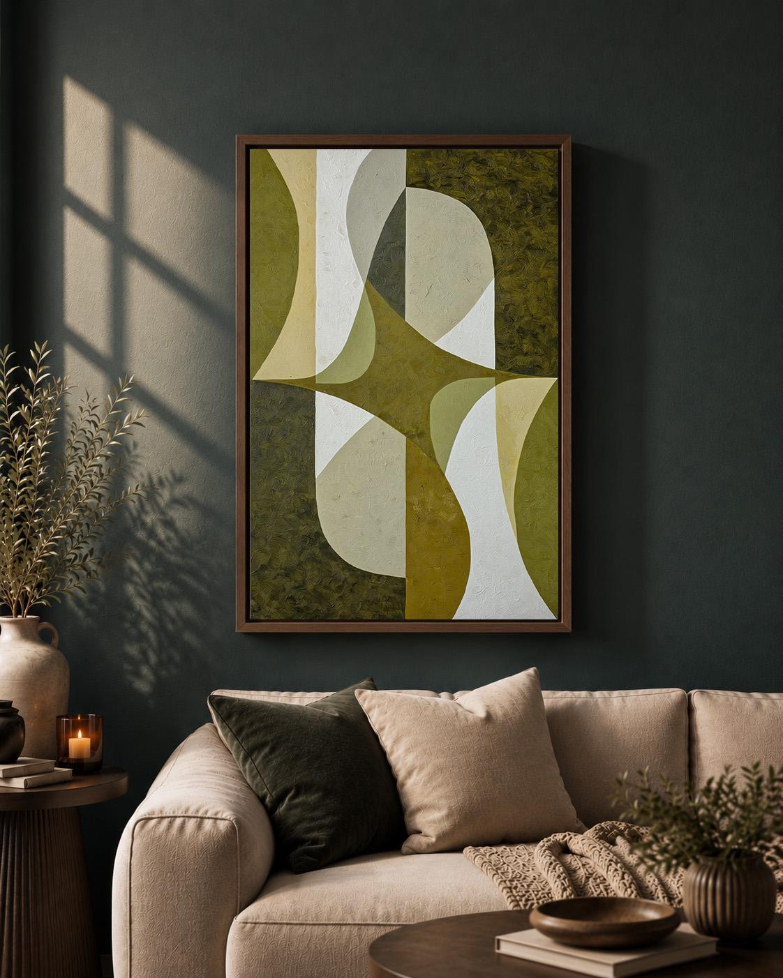 Mid-Century Modern Olive Green Abstract Geometric Framed Canvas