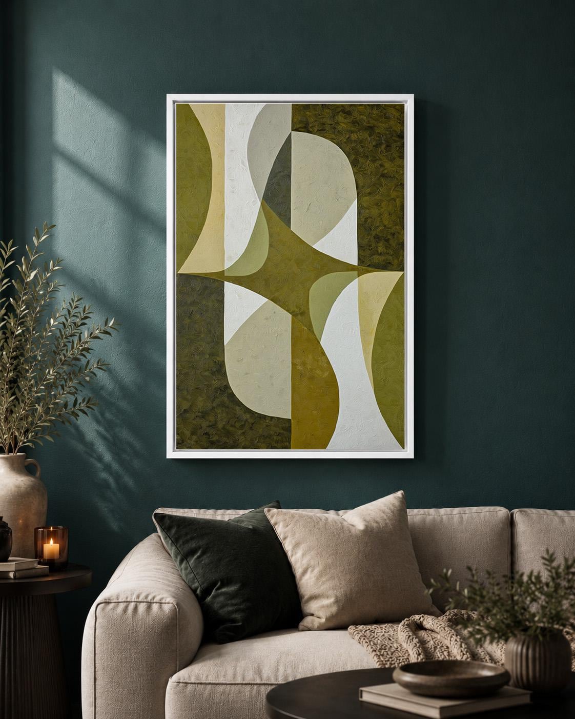 Mid-Century Modern Olive Green Abstract Geometric Framed Canvas
