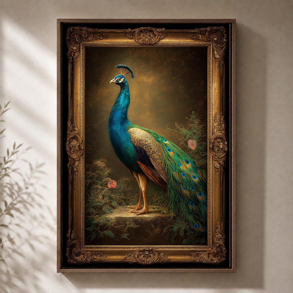 Vintage Peacock Ornate Victorian Bird Dark Moody Maximalist Framed Canvas