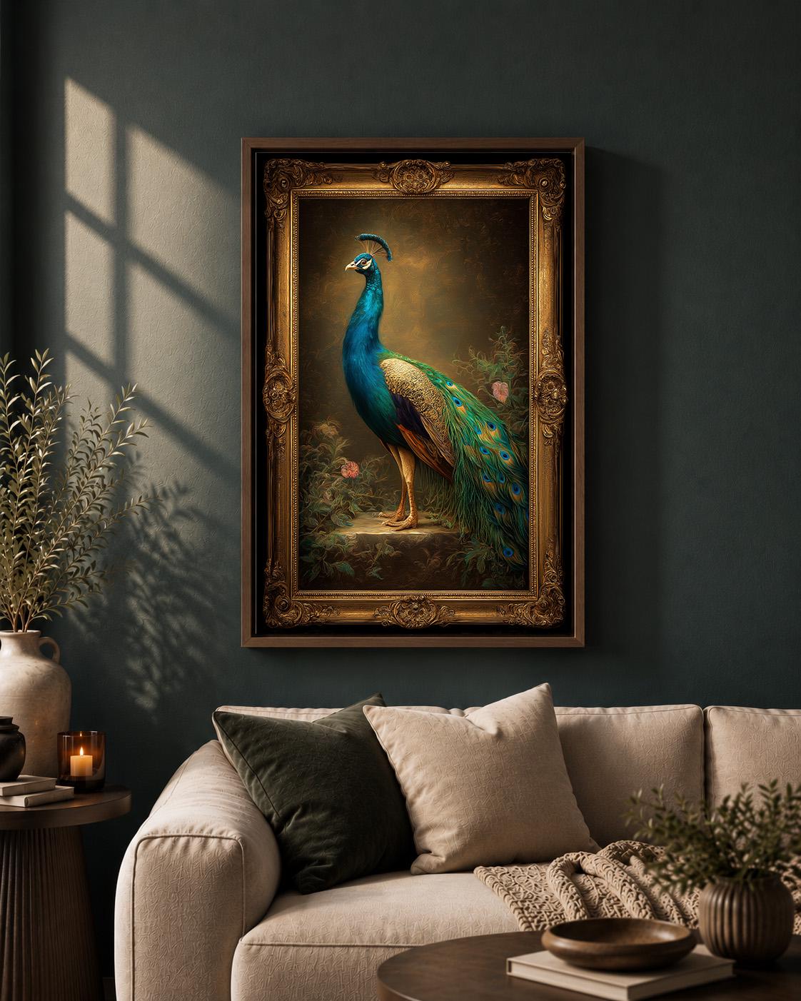 Vintage Peacock Ornate Victorian Bird Dark Moody Maximalist Framed Canvas
