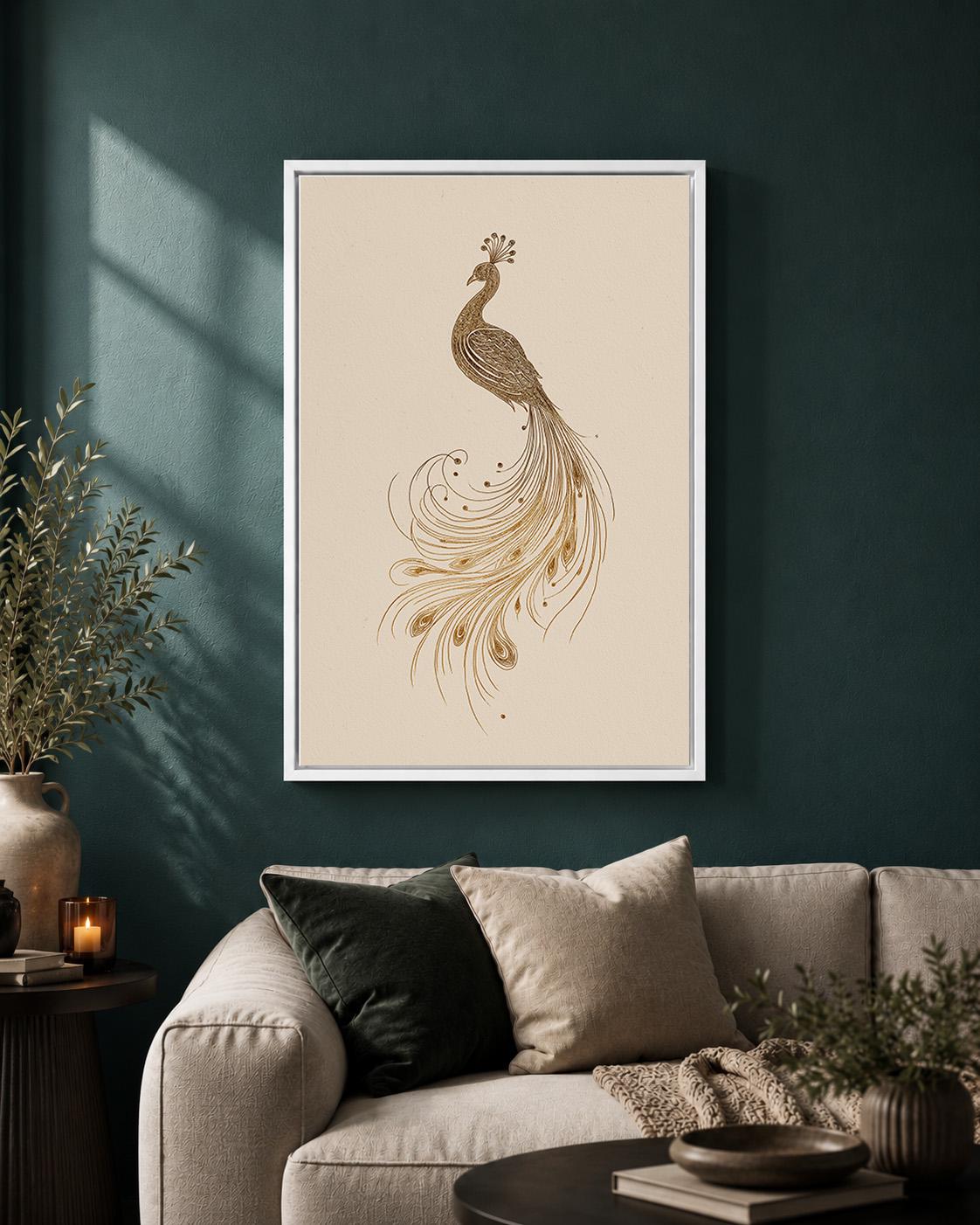 Gold Peacock Line Art Minimalist Bird Art Deco Framed Canvas