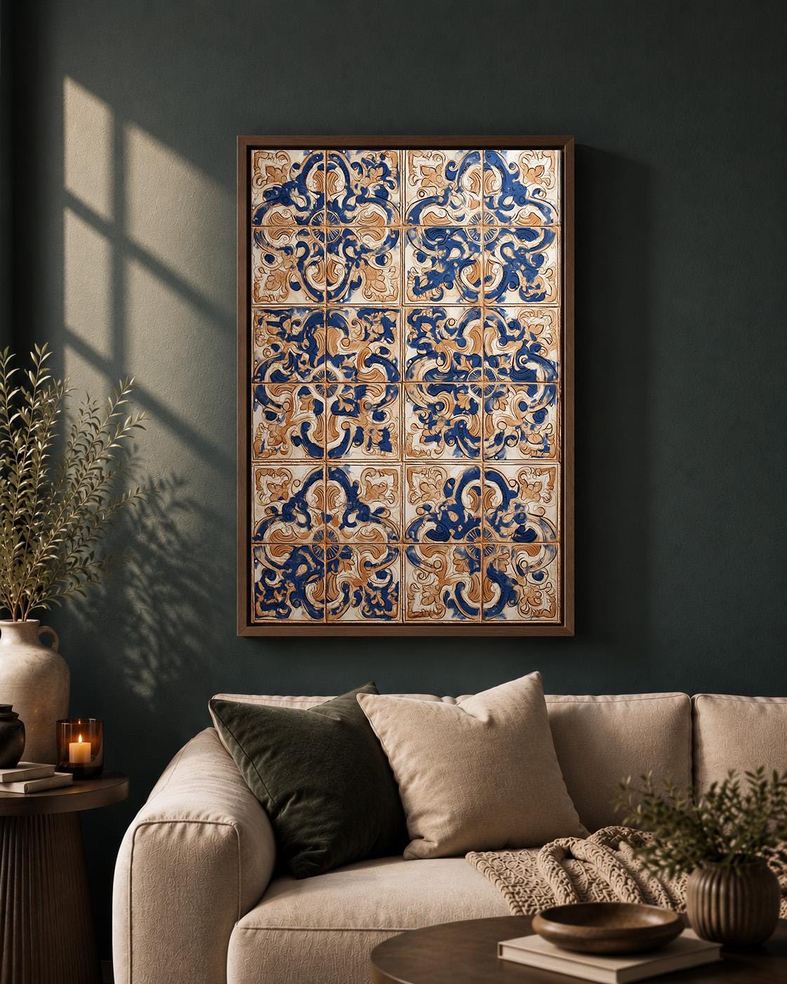 Portuguese TileBlue Azulejo Mediterranean Tile Vintage Pattern Framed Canvas