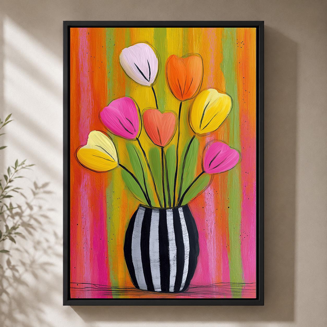 Colourful Tulip Pink & Orange Floral Striped Flower Vase Framed Canvas