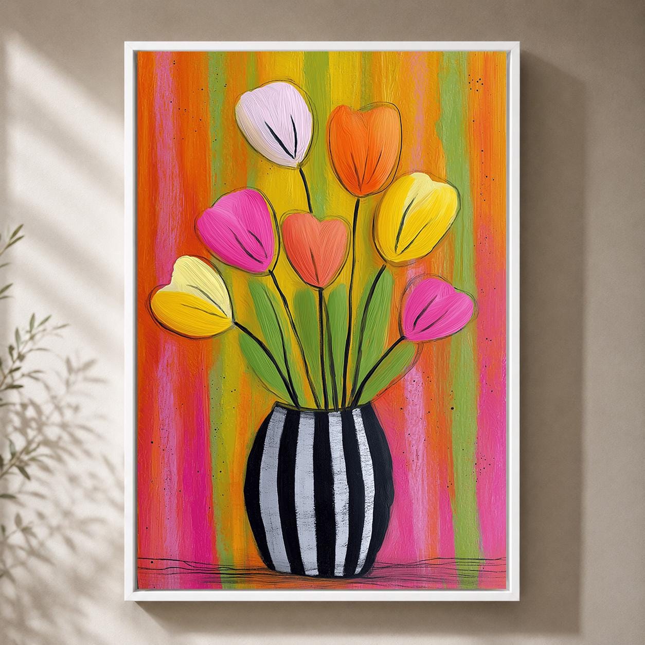 Colourful Tulip Pink & Orange Floral Striped Flower Vase Framed Canvas