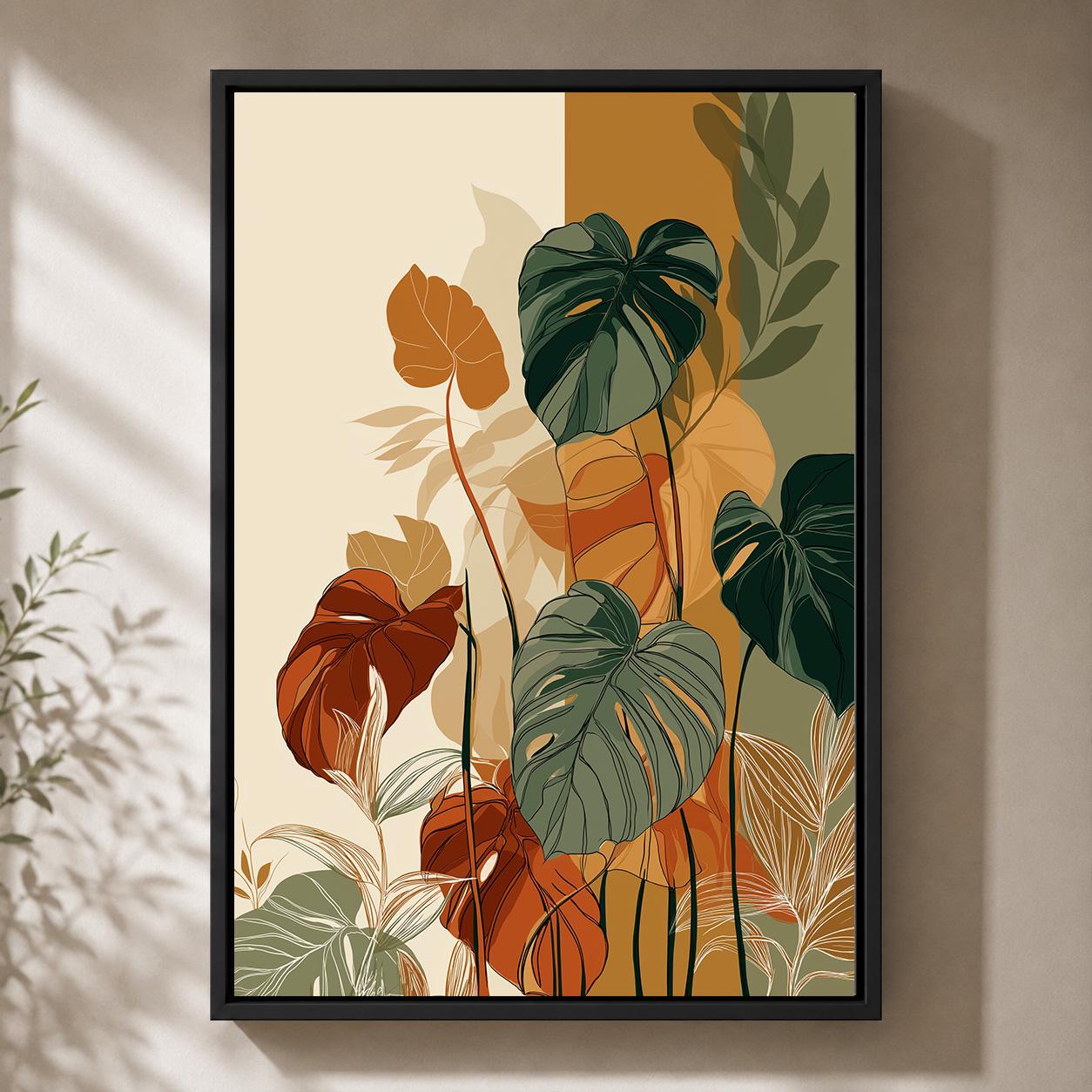 Tropical Monstera Botanical Retro Green & Orange Mid Century Plant Framed Canvas