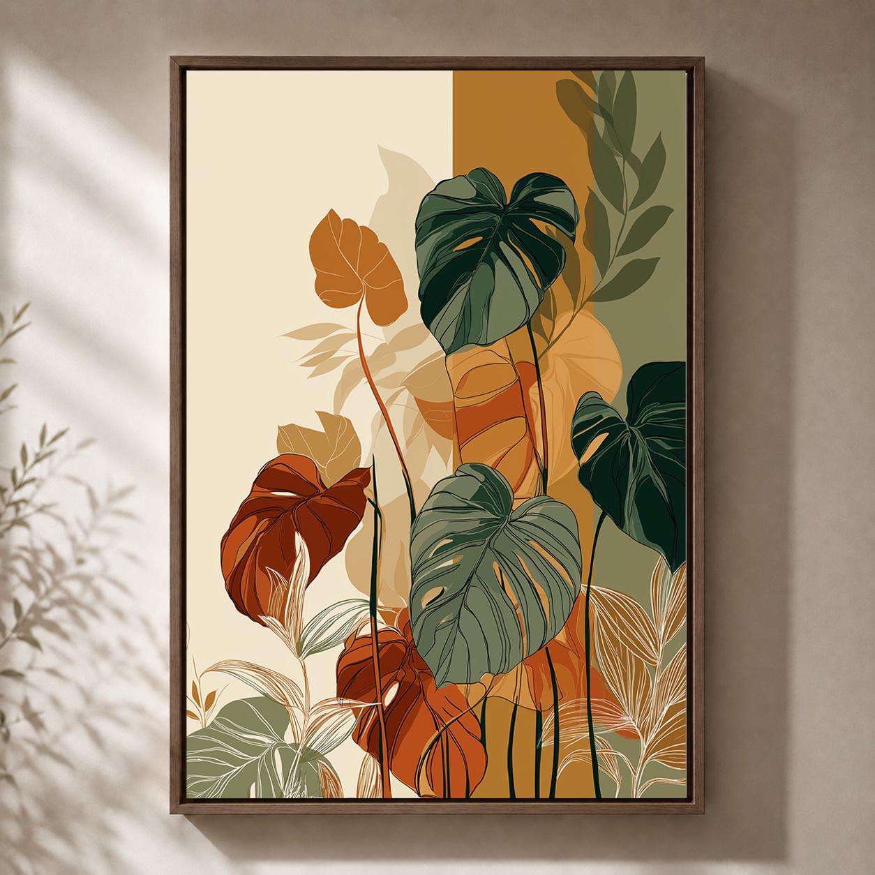 Tropical Monstera Botanical Retro Green & Orange Mid Century Plant Framed Canvas