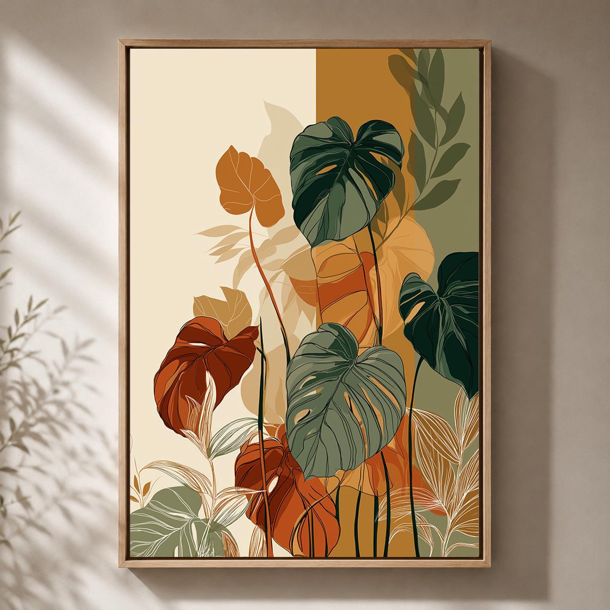 Tropical Monstera Botanical Retro Green & Orange Mid Century Plant Framed Canvas