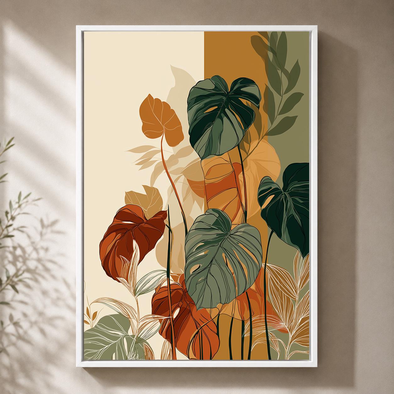 Tropical Monstera Botanical Retro Green & Orange Mid Century Plant Framed Canvas