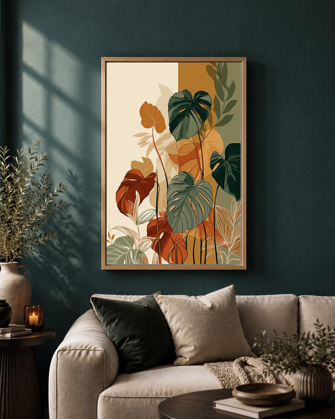 Tropical Monstera Botanical Retro Green & Orange Mid Century Plant Framed Canvas