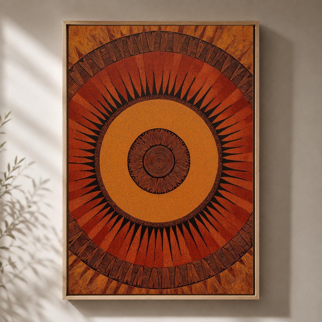 African Sun Geometric Terracotta Tribal Boho Ethnic Framed Canvas