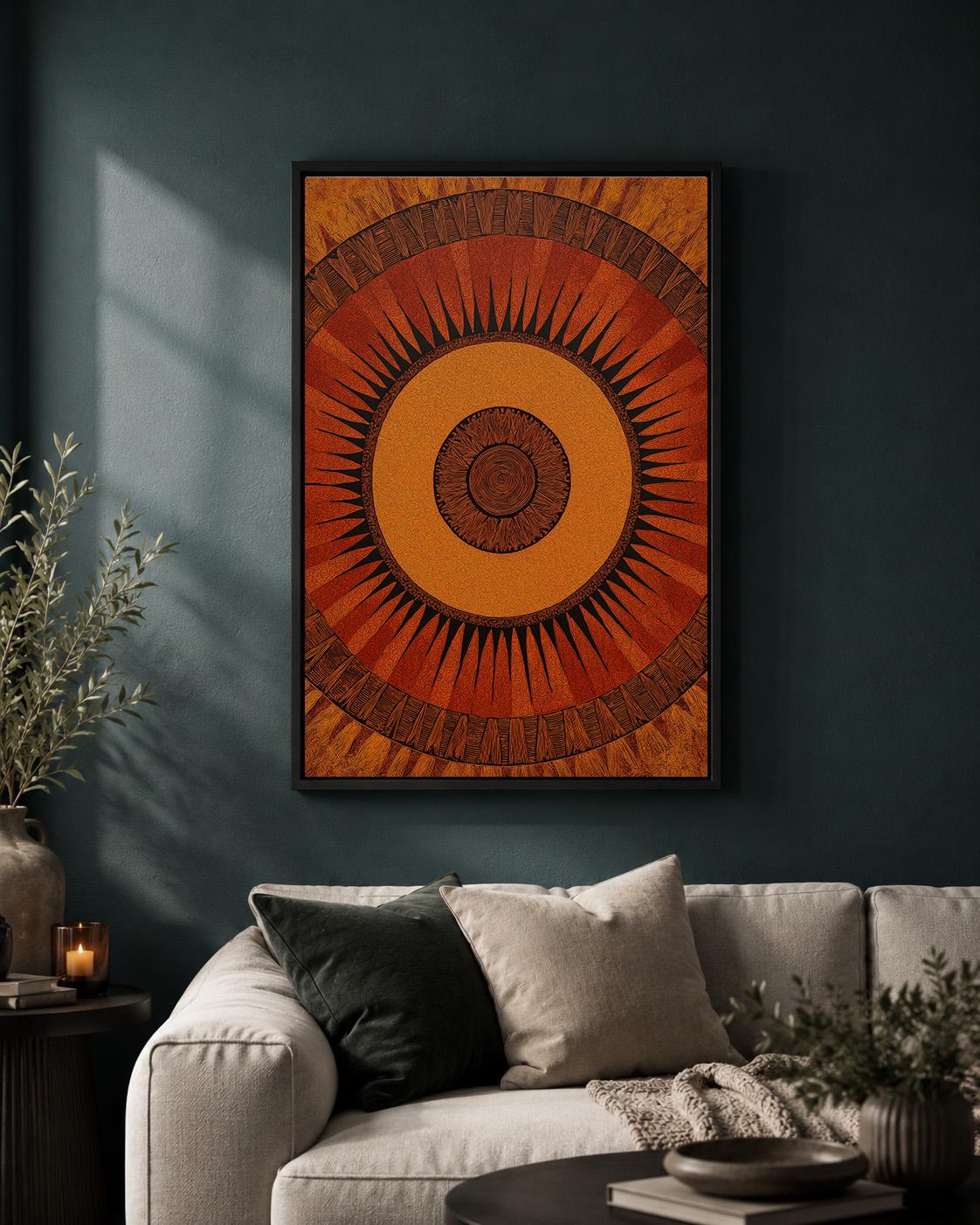 African Sun Geometric Terracotta Tribal Boho Ethnic Framed Canvas