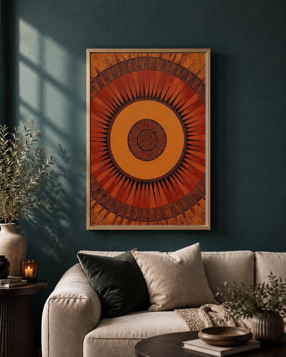 African Sun Geometric Terracotta Tribal Boho Ethnic Framed Canvas