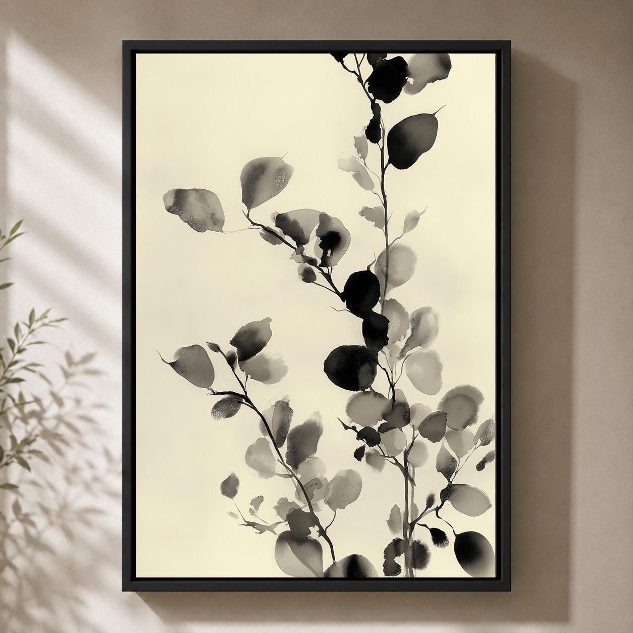 Black and White Botanical Watercolour Leaf Minimalist Nature Framed Canvas