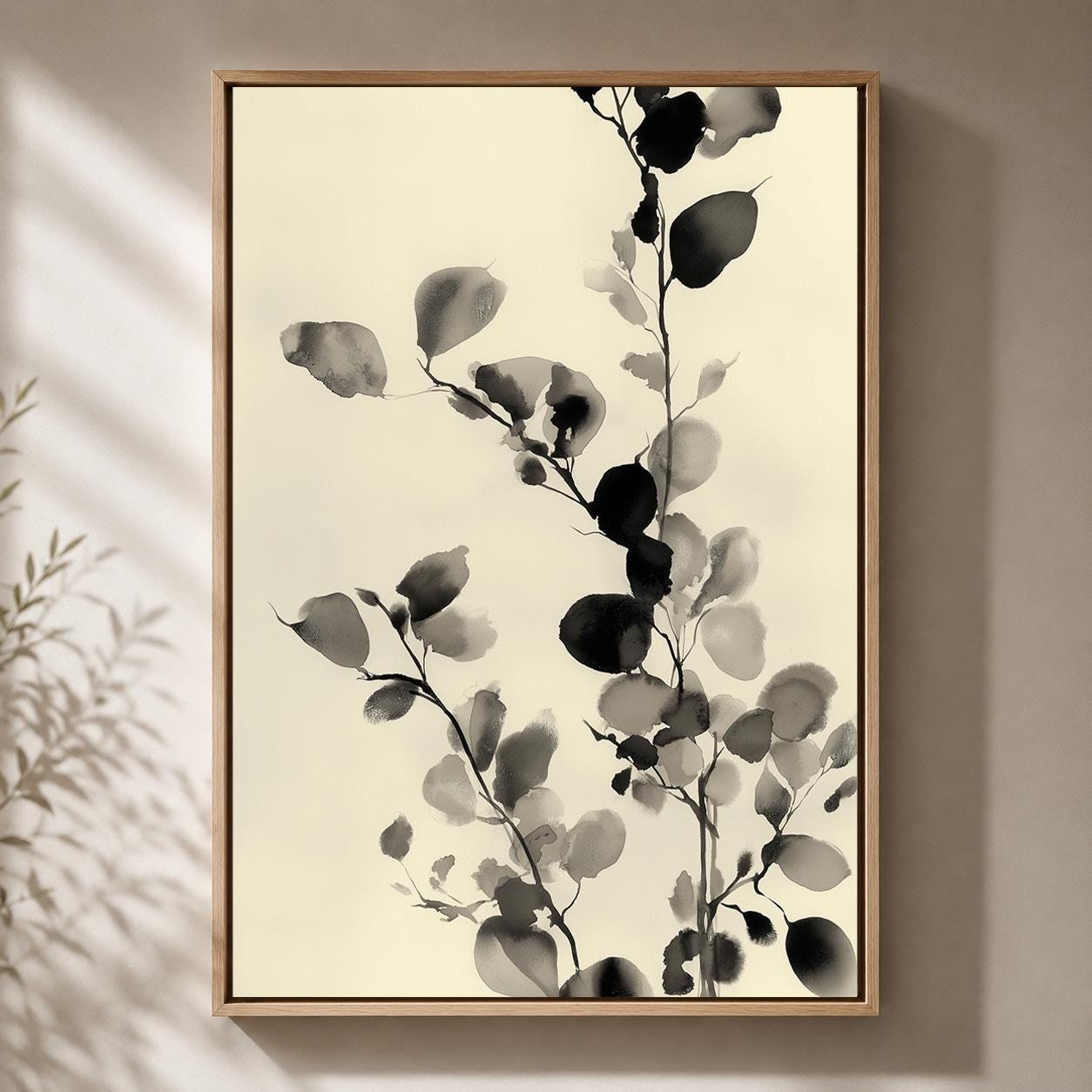 Black and White Botanical Watercolour Leaf Minimalist Nature Framed Canvas