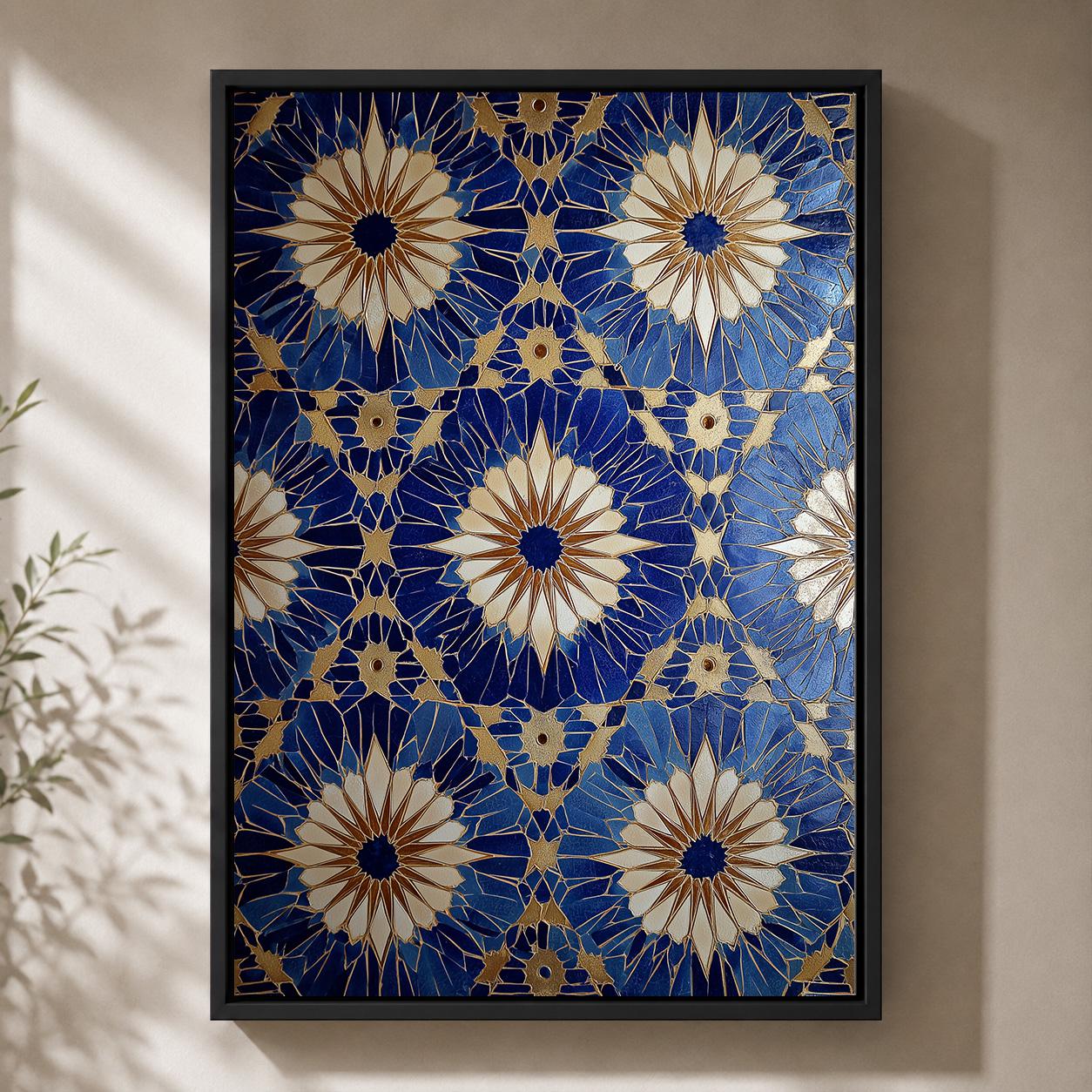 Blue Gold Mosaic Tile Geometric Mediterranean Pattern Framed Canvas