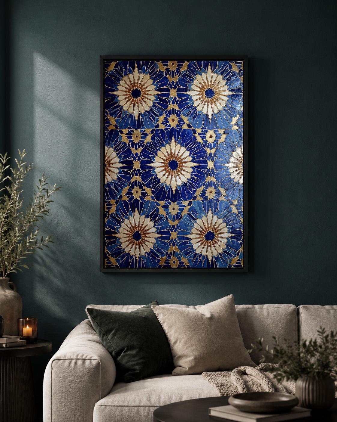 Blue Gold Mosaic Tile Geometric Mediterranean Pattern Framed Canvas