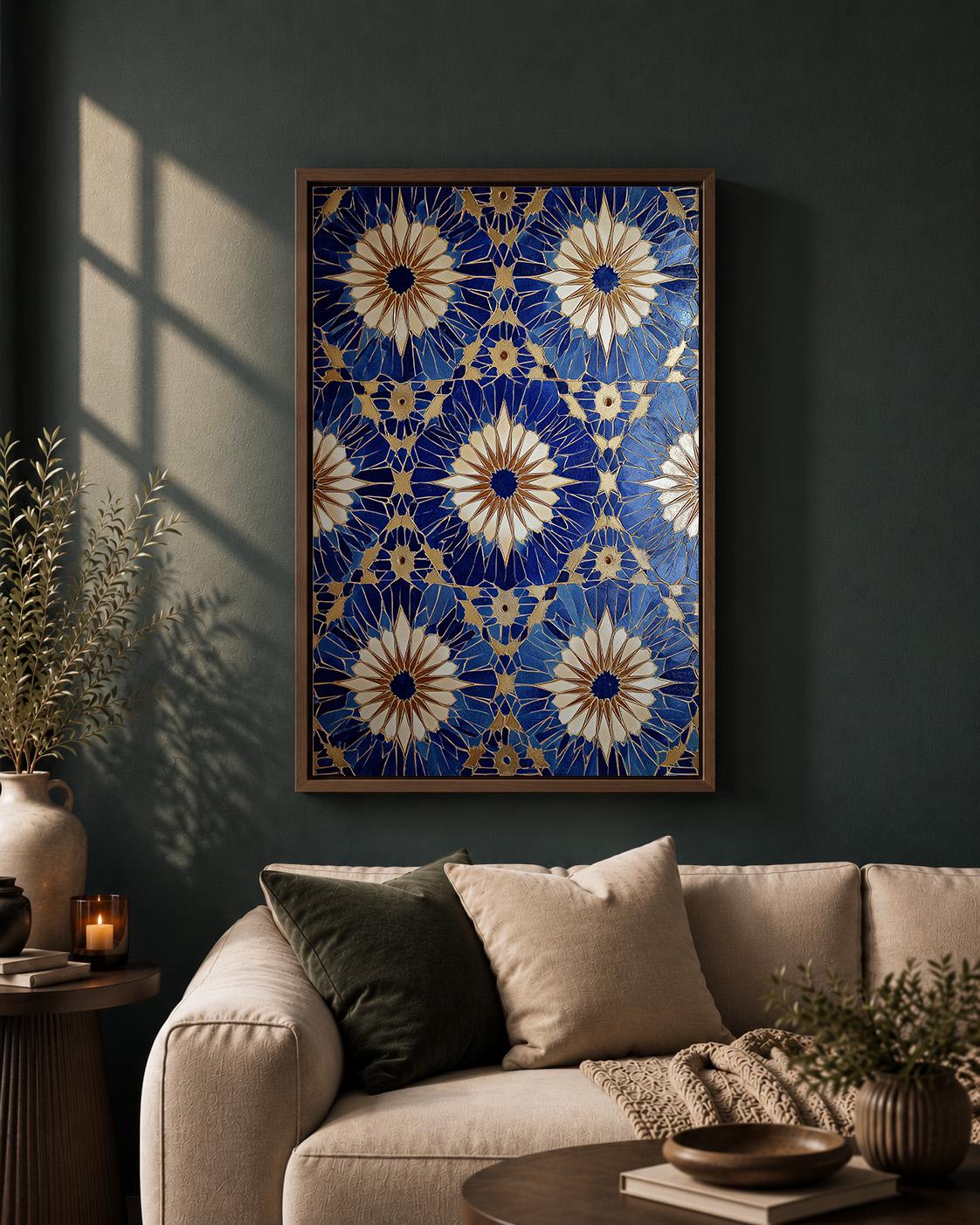 Blue Gold Mosaic Tile Geometric Mediterranean Pattern Framed Canvas