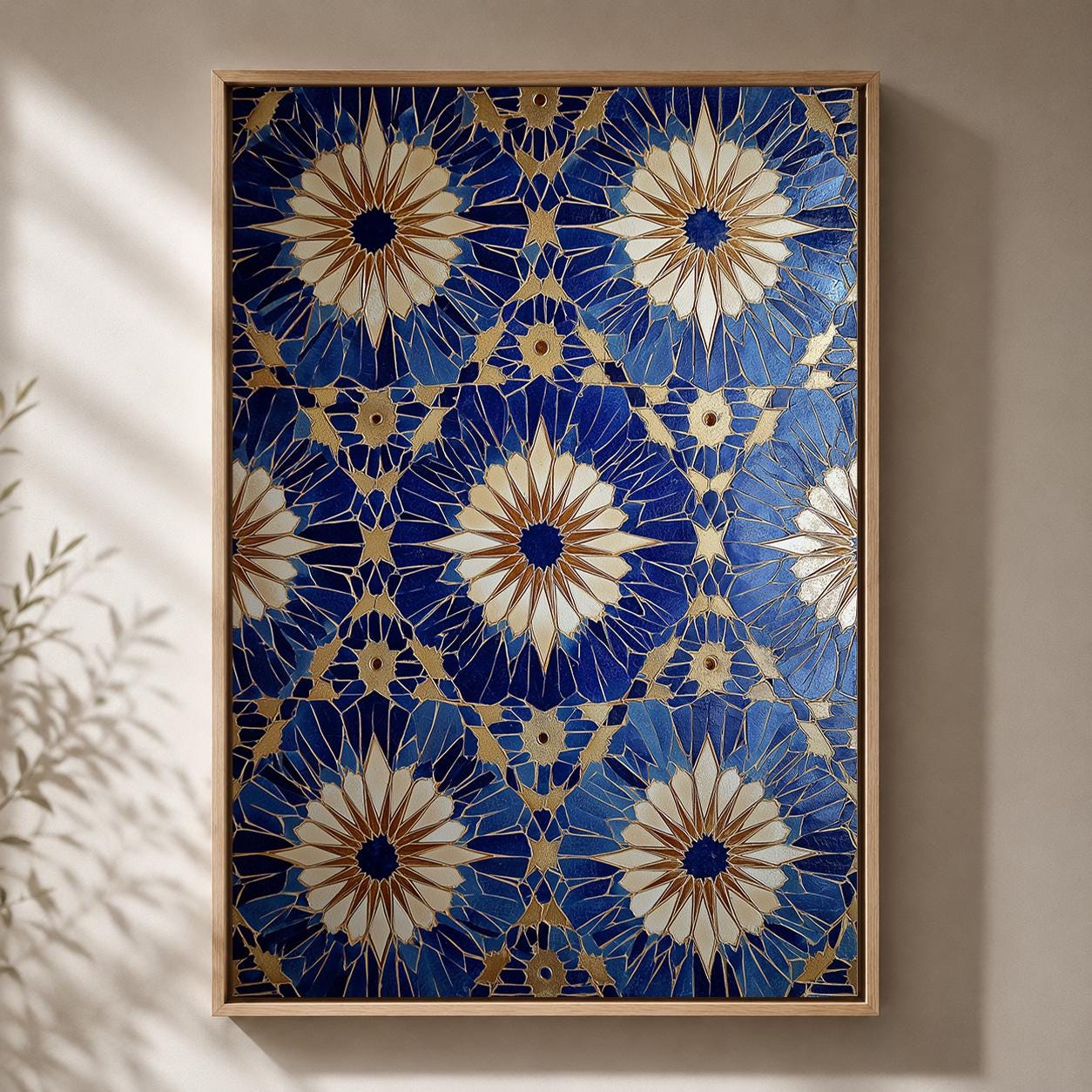 Blue Gold Mosaic Tile Geometric Mediterranean Pattern Framed Canvas