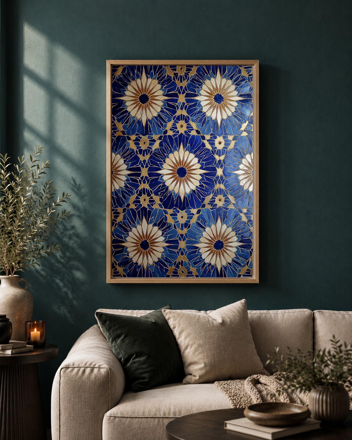 Blue Gold Mosaic Tile Geometric Mediterranean Pattern Framed Canvas