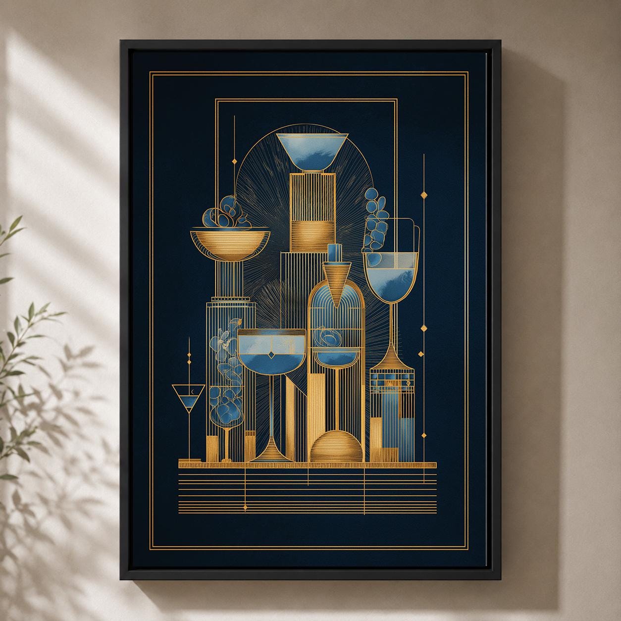Art Deco Cocktail Navy Blue & Gold Bar Geometric Drinks Framed Canvas